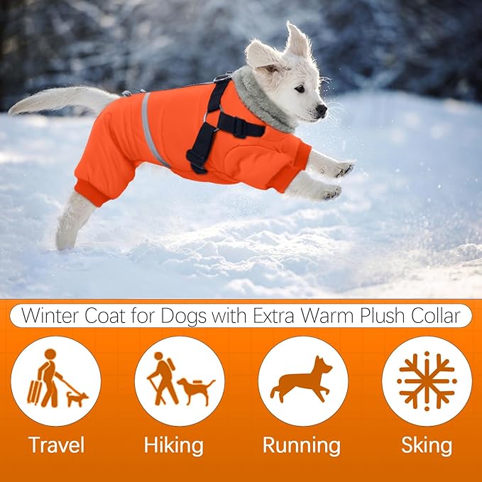 BRKURLEG Small Dog Winter Coat with Harness Built in, Orange Winter Dogs Jackets, Fullbody Dog Coat, Dogs Snowsuits Reflective Windproof Cold Weather Coats, Pet Warm Fleece Coats, L