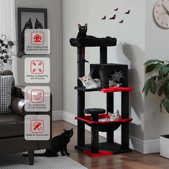 PETEPELA 45.7" Gothic Cat Tree for Indoor Cats, Cat Tower for Large Cats with Metal Frame Large Hammock (17.3"x15.3"), Cat Condo with (18.5"x13") Big Top Perch & 4 Sisal Covered Scratching Posts,Black