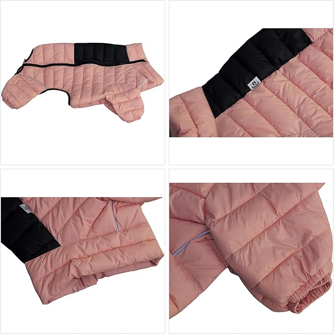 Warm Dog Coat, 4 Legs Covered Waterproof Windproof Reflective Vest, Zippered Adjustable Outdoor Snow Jacket for Small Medium Large Dogs, Lotus Pink M