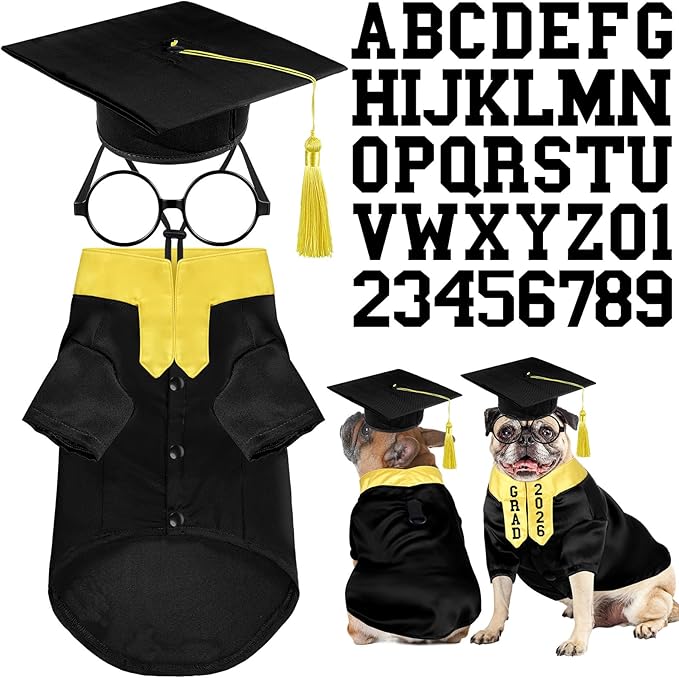 5 Pcs Dog Graduation Costume Set Include 2026 Pet Graduation Gown with Stole Puppy Grad Cap Lensless Glasses DIY Letter Stickers for Dogs Cats Holiday Costume Accessory(Black Yellow,M)