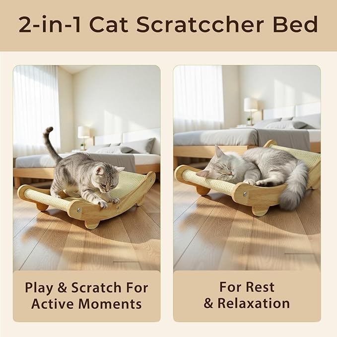 2-in-1 Natural Sisal Cat Scratcher Bed for Indoor Cats – Large Wooden Hammock Lounge Furniture with Solid Oak Frame, Easy Assembly for Large Cats Resting & Scratching