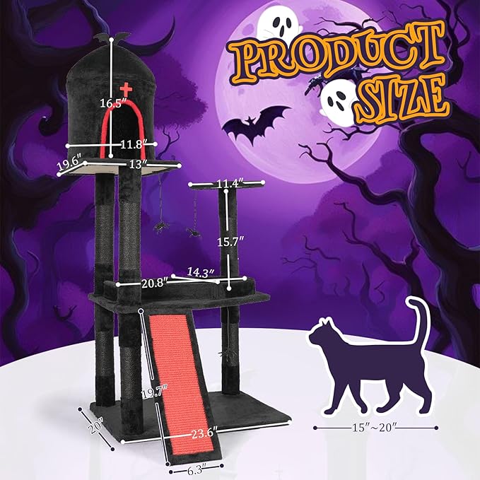 Outvita Gothic 53" Cat Tree with Coffin Bed, Large Cat Tower with Spacious Cat Condo, Scratching Posts, Spider Hanging Toys, Scratching Board, Multi-Level Cat Activities Furniture, Red & Black