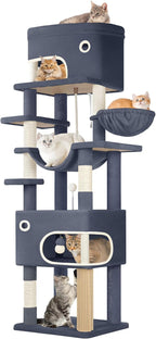 79.9 inch Cat Tree for Indoor Cats, Multi-Layer Scratching Post with Large Platform, 2 Caves, 7 Sisal Posts, Pompoms, Cat Basket, Hammock, Suitable for Cats, Dark Gray MS20318SG