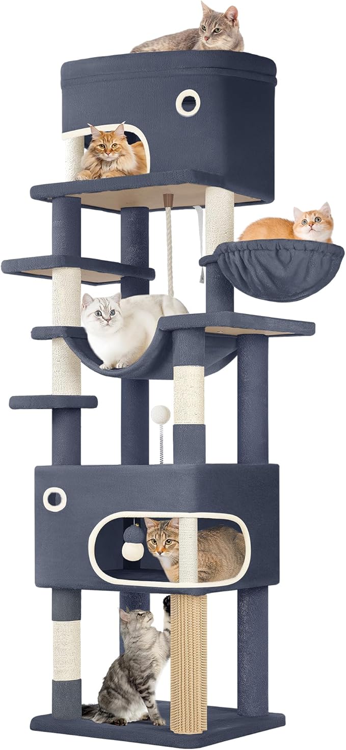79.9 inch Cat Tree for Indoor Cats, Multi-Layer Scratching Post with Large Platform, 2 Caves, 7 Sisal Posts, Pompoms, Cat Basket, Hammock, Suitable for Cats, Dark Gray MS20318SG