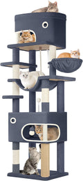 79.9 inch Cat Tree for Indoor Cats, Multi-Layer Scratching Post with Large Platform, 2 Caves, 7 Sisal Posts, Pompoms, Cat Basket, Hammock, Suitable for Cats, Dark Gray MS20318SG
