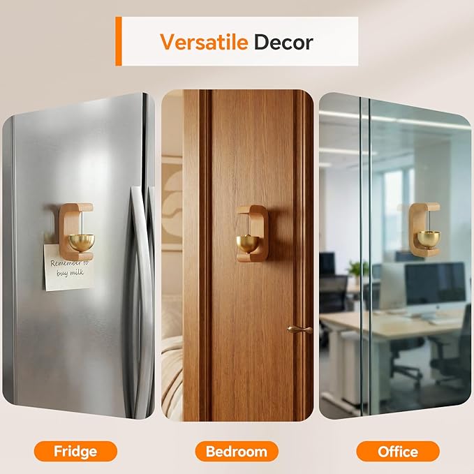 Magnetic Shopkeepers Bell for Door Opening – Vintage Wooden Door Chime & Wireless Brass Doorbell for Business Entrance, Store, Fridge – Dopamine Decor Wind Bell with Gentle Sound, Housewarming Gift