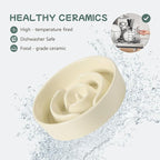 Ceramic 0.9 Cup Raised Dog Slow Feeder Set, Elevated Bowl with Wooden Stand for Small Dog and Cat, 6.1inch Puzzle Slow Dog Food Dish, Anti-Gulping(Light Yellow, Single Bowl+ Stand)
