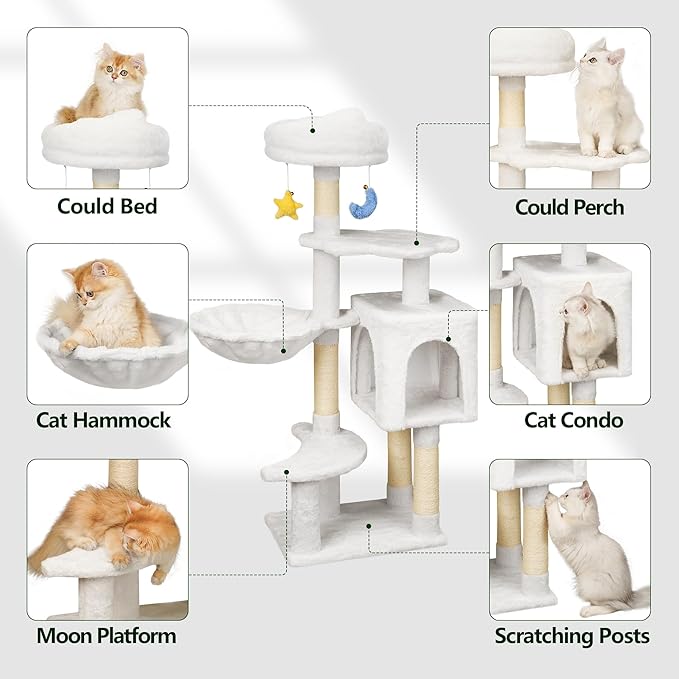 43-Inch Cat Tree,Cute Cloud Cat Tree for Kittens & Small Cats Under 6 Months 9lbs, Cat Tower with Scratching Post, Double Condos, Plush Hammock & Dangling Toys, White