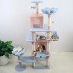 71 inch Flower Cat Tree, Multi-Level Cat Tower with Large Condo Removable Flower Cushion and Hammock, Tall Cat Tree for Indoor Large Cats Climbing, Scratching, and Play (Blue)