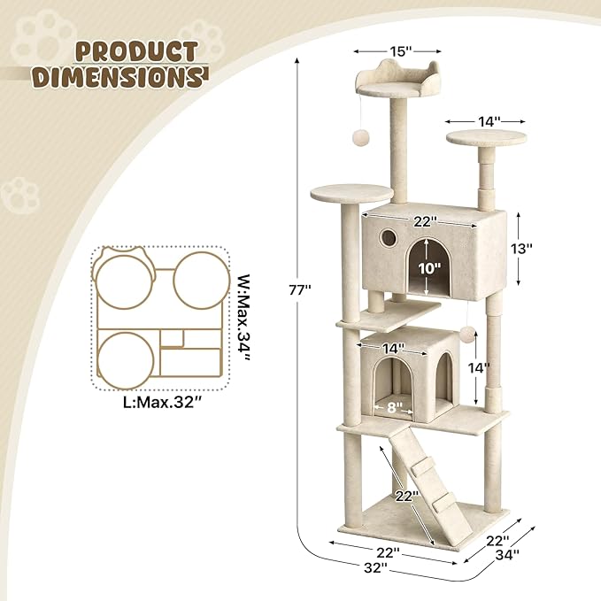 Magshion Cat Tree 77" Cats Tower for Indoor Cats, Multi-Level Cat Condo with Scratching Post, Top Perch, Sisal Board and Dangling Ball, Cat Stand Jumping Platform Kittens Pet Play House (Beige)