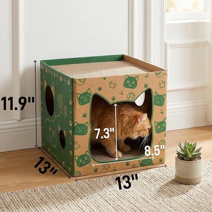 2 Pack Cardboard Cat Houses, Cat Play House with 2 PCS Scratching Pad, Corrugated Kitten Hideaway Cave, Cute Cats Condos Box, Cat Scratching Toy, Scratcher Bed for Indoor Cats, Kittens, Bunny