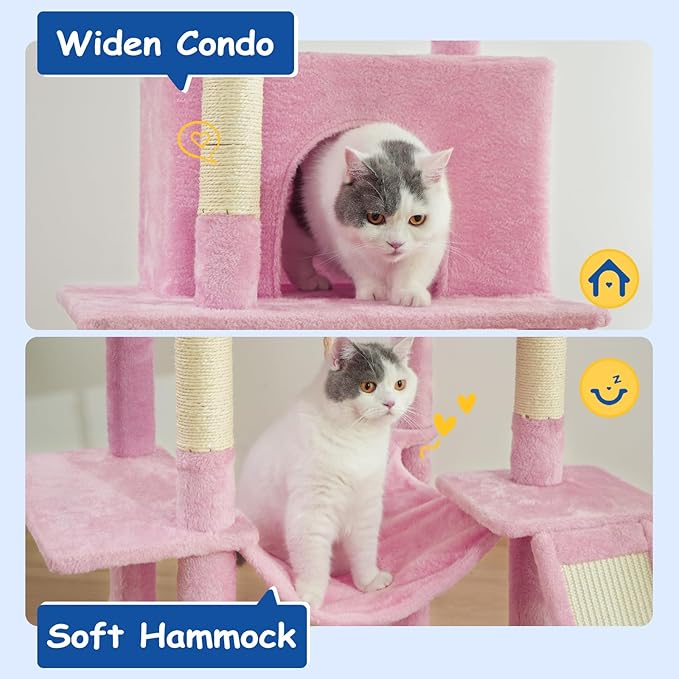 Cat Craft Cat Tree 63 Inch Cat Tower for Indoor Cats, Multi-Level Cat Tree for Large Cats 20 lbs+ Heavy Duty Cat Tower with Sisal Scratching Posts, Hammock, Condo and Extended Platform, Pink