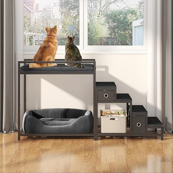 Pet Bunk Bed with Removable Stairs and 2 Drawers, Dogs/Cats Window Perch, Dog Window Seat with Soft Cushion, Ultra-Shallow Steps, Sturdy Metal Frame, Non-Slip, Load Capacity 60 LBS