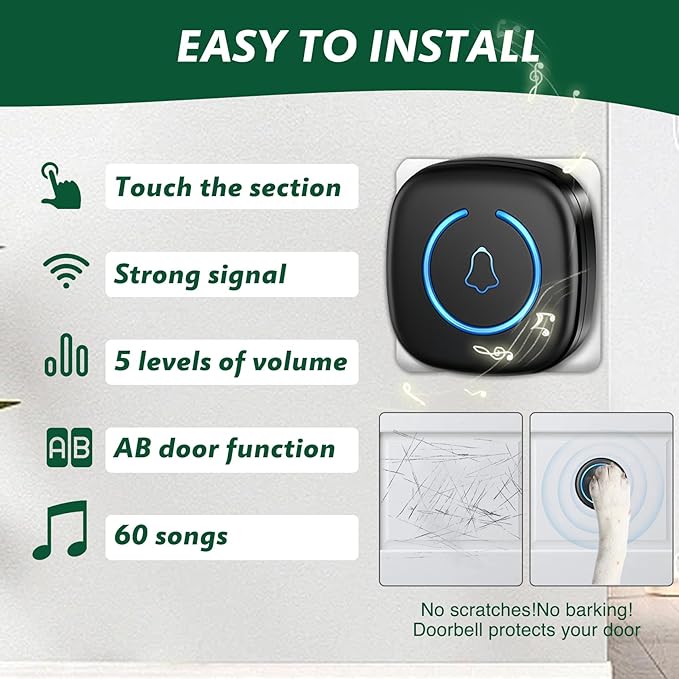 Dog Door Bell for Potty Training, Smart Wireless Doggie Doorbell to Go Outside, 1000 Feet Long Range with IP65 Waterproof Super-Light Touch Button, 60 Melodies & Adjustable Volume (2 Button)
