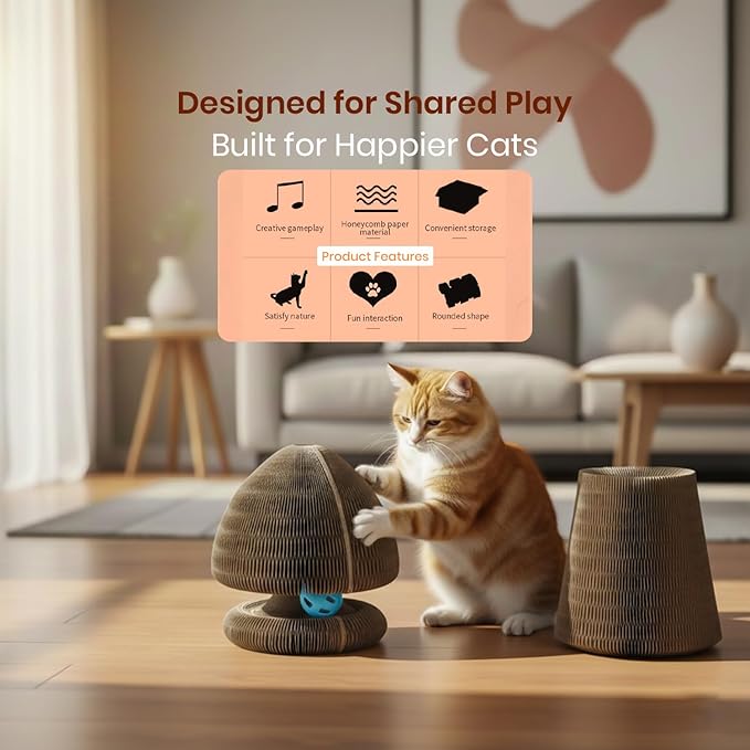 Kitty Kurlz Magic Organ Cat Scratcher Toy, Expandable Cardboard Cat Scratching Board, Interactive Cat Tunnel & Cat Bed with Bell Ball, Helps Protect Furniture & Keep Cats Active