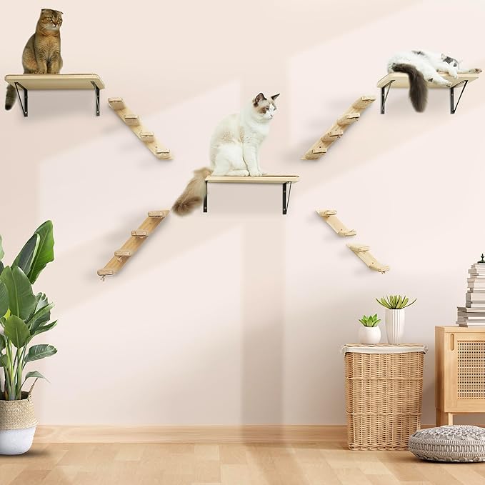 2PCS Wall Cat Tree Shelves, Reversible 4-Step Cat Ladders with Sisal Rope, Mountable Left & Right for Climbing and Scratching