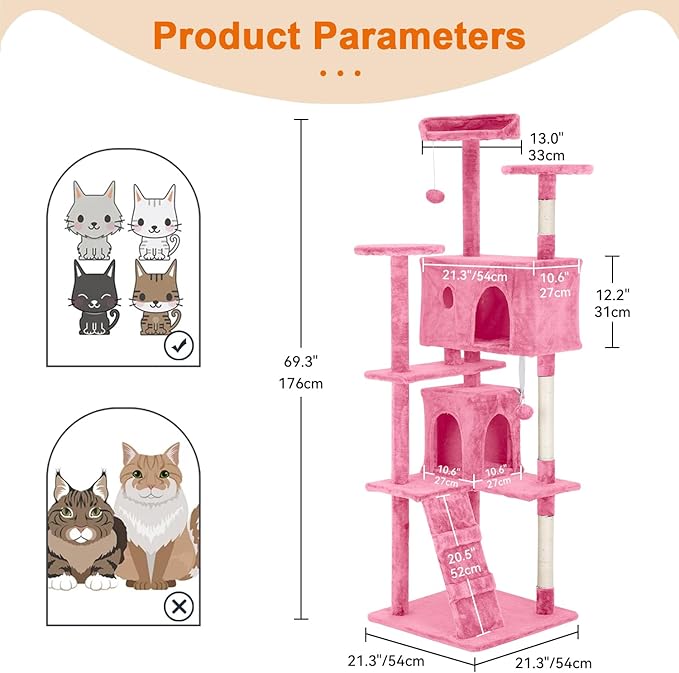 Cat Tree 69.3 inches Cat Tower for Indoor Cats Cat House with Replaceable and Removable Dangling Ball Cat Trees and Towers with Funny Toys, Pink
