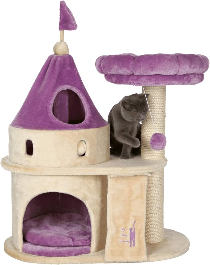 TRIXIE My Kitty Darling Castle Condo, Scratching Post, Cat Tree, Pom Pom, Crinkle Toy | Beige 27.5 x 14.75 x 35.25 in.