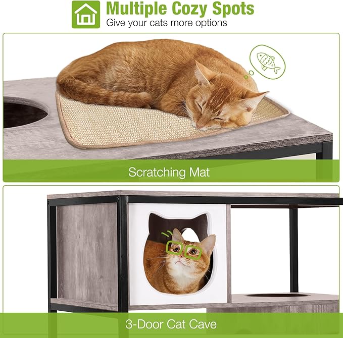 GUTINNEEN Cat Litter Box Enclosure Cat Tree with Hidden Litter Box Furniture with Scratching Post, Hammock, and Mat 57.5 Inch (Nature)