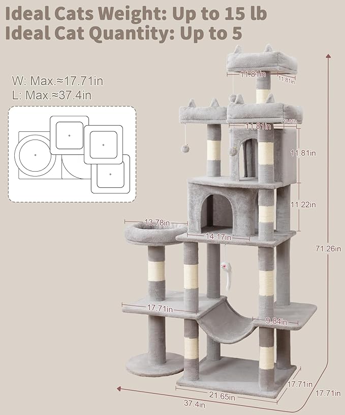 Heavy Duty Cat Tree for Indoor Cat, 71 Inch Large Cat Tower with Scratching Post and Top Perch, Hammock, Big Cat Condo for Adult Cats Kittens, PMT03GY, Grey