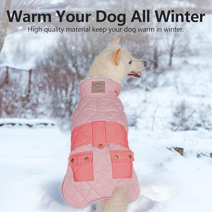 KYEESE Dog Coat Warm Pets Clothes for Cold Weather Waterproof Dog Coats for Large Dogs Soft Pet Sweater with Leash Hole Thick Pet Winter Puffer Coat with Pocket Windproof Dogs Jacket with Fleece Lined