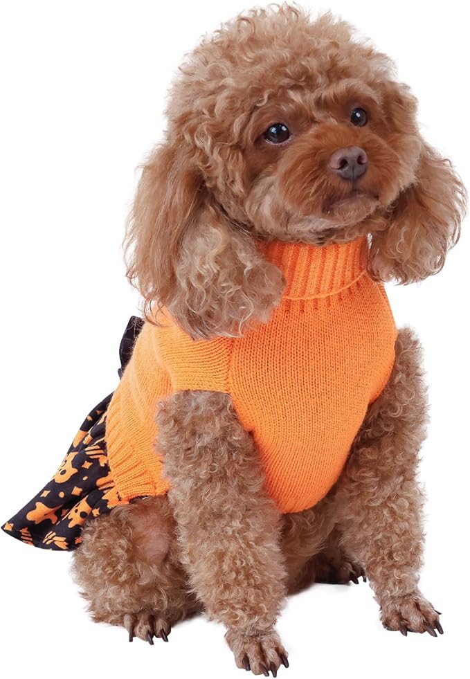 CuteBone Halloween Dog Sweater Dress Trick or Treat Knit Turtleneck Puppy Sweater with Bowtie Harness Hole Pullover Winter Dress for Medium Dogs
