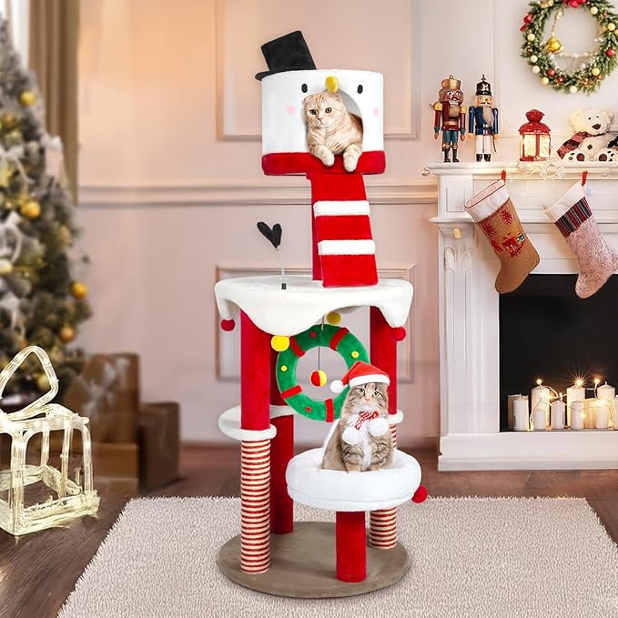 KAMABOKO Christmas Cat Tree Cat Tower with Cat Condos, 64.2" Multi-Level Top Perches, Sisal Ramp Scratching Posts, Cozy Basket, Hammocks, Large Cats Pet Activity Structure