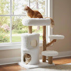 PETSITE 30.5 Inches Wooden Cat Tree, Multi-Level Modern Cat Tree with Scratching Posts, 2-Layer Condo, Long Plush Covered Soft Top Perch, and Various Jumping Platforms, Ideal for Indoor Cats