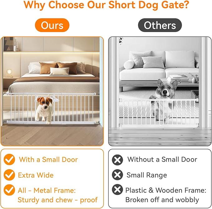 14" Height Short Dog Gate Adjustable18-48" Extra Wide Dog Gate with Small Cat Door,Pet Gate with 4 Extension Kits Pressure Mounted for Doorways & Stairs(White, 14" Height)