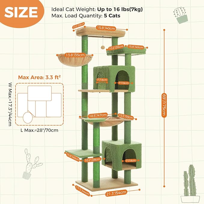 PETEPELA 69" Cactus Cat Tree for Indoor Large Cats, Large Cat Tower for Adult Cats with Super Big Hammock, Cat Climbing Tree Tower with Scratching Posts, Condo House and Cozy Top Perch, Green