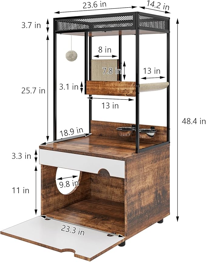 Cat Litter Box Enclosures with Cat Tree Tower,Cat Furniture All-in-one Modern, with Food Station and Cushions