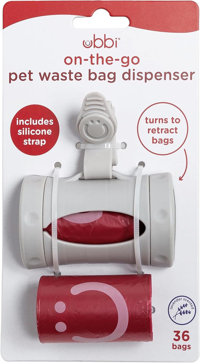 Ubbi Retractable Dog Poop Bag Holder and Dispenser with Silicone Strap Leash Attachment, Includes 2 Rolls of Lavender Scented Leakproof Waste Bags, Gray