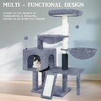 Cat Tree with Cat Condo and Hammock,Cat Tower with Self-Grooming Brush,Toy Balls,Scratching Posts and Scratching Pads,Cat Tree Tower for Indoor Cats,Grey