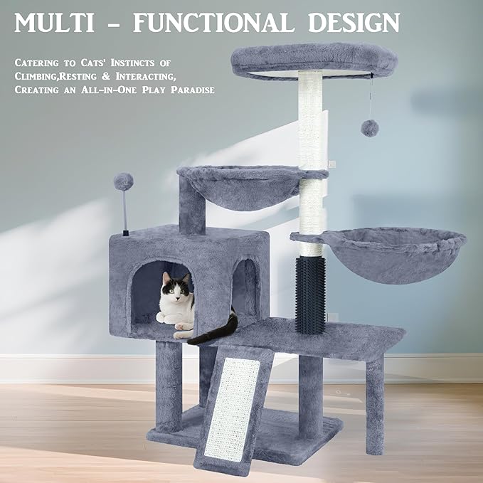 Cat Tree with Cat Condo and Hammock,Cat Tower with Self-Grooming Brush,Toy Balls,Scratching Posts and Scratching Pads,Cat Tree Tower for Indoor Cats,Grey