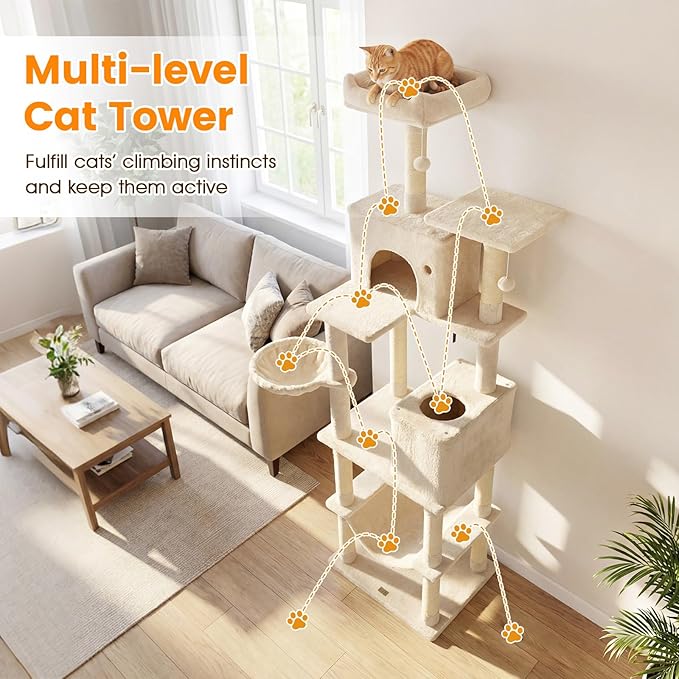 PETSITE 80-inch Tall Modern Cat Tree, Multi-Level Cat Tower with 2 Comfy Condos, Sisal Scratching Posts, Side Basket, Snug Hammock, and Dangling Balls, Ideal for Indoor Cats and Kittens (Beige)