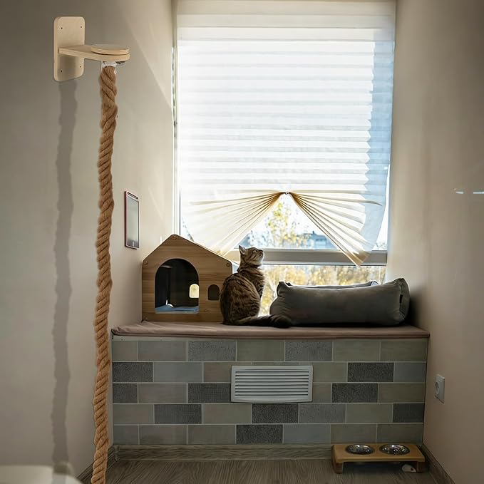 Wall Mounted Cat Tree with 2 x 59.1 Inch Jute Climbing Ropes, Solid Wood Cat Climbing Tower with Scratching Post, Rope Ladder, Jumping Platforms & Wall Steps Cat Playground