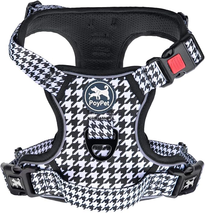 PoyPet No Pull Dog Harness, Reflective Adjustable No Choke Pet Vest with Front & Back 2 Leash Attachments, Soft Control Training Handle for Small Medium Large Dogs(Houndstooth,M)