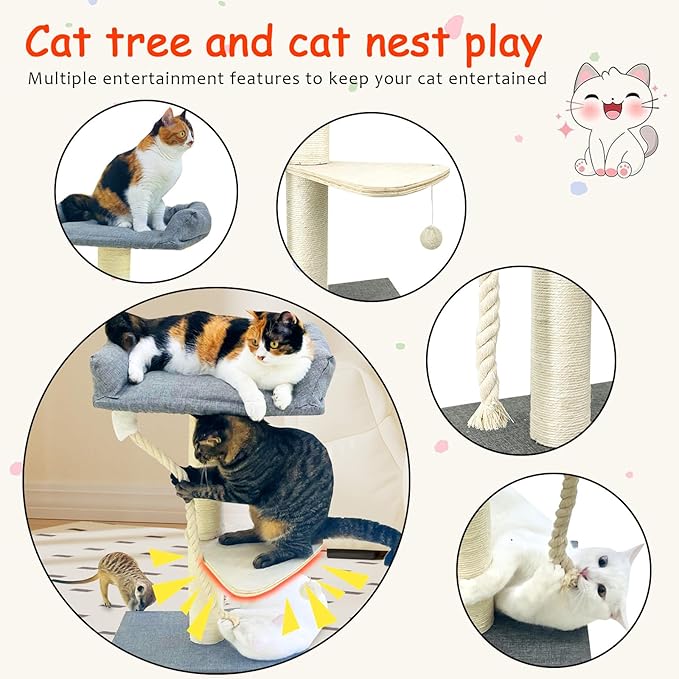 35" Cat Tree Tower for Indoor Cats, Tall Cat Scratching Post with Large Bed for Maine Coon Big Cats, Sisal Cat Scratcher with Soft Perch & Hammock, Stable Cat Stand, Gray