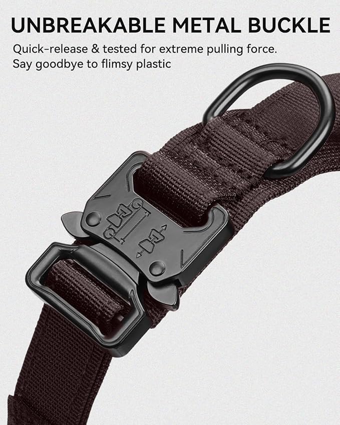 Joytale Tactical Dog Collar with Handle and Metal Buckle, Heavy Duty Padded Military Collar with 2 Patches for Training, Adjustable for Medium Dogs, Brown, M