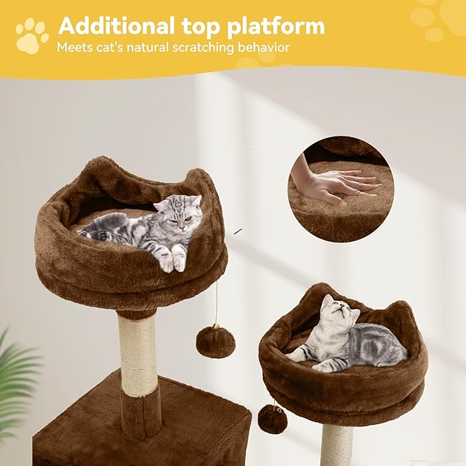 DWVO 75 in Multi-Level Cat Tower: Tall Cats Tree for Indoor Kittens, Pet Furniture with Kitty Condos, Top Perches, Sisal Ramp Scratching Posts, Cozy Basket, Hammocks, Brown