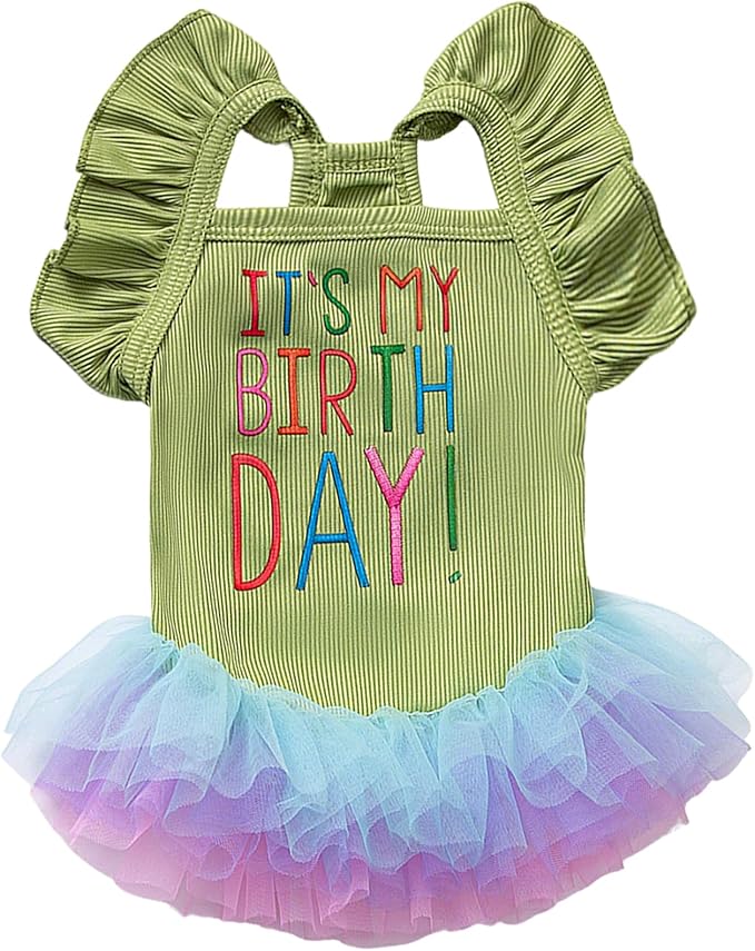 Dog Birthday Dress It's My Birthday Dog Dress Small Doggy Girl's Tutu Dresses Ruffle Sleeless Puppy Clothes Tulle Lace Skirt Pet Costume Cat Outfits (Green, L(18-25lb))