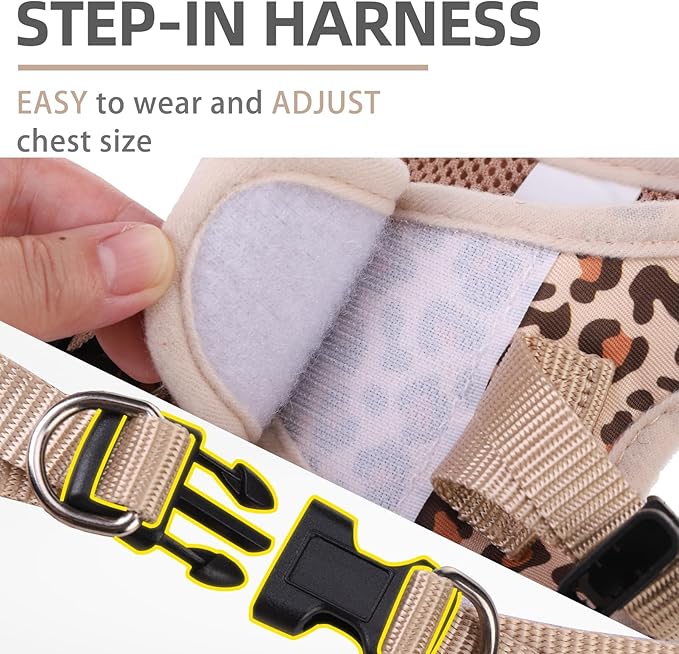 PUPTECK Dog Harness and Leash Set for Small Medium Dogs No Pull Step-in Soft Mesh Puppy Cat Vest Harnesses Reflective at Night, Brown Leopard Print, L