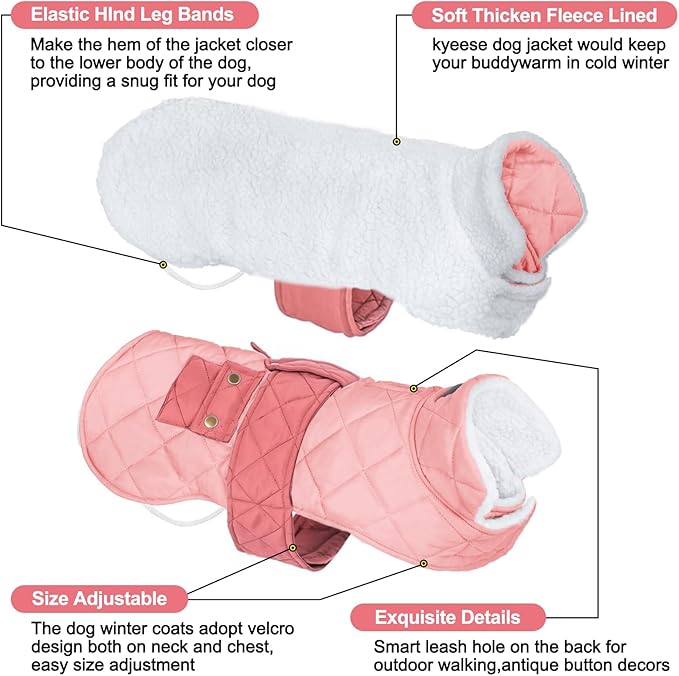 KYEESE Dog Coat Waterproof Dogs Jacket with Fleece Lined Thick Pets Clothes with Pocket Windproof Dog Coats for Small Dogs Warm Pet Winter Puffer Coat with Leash Hole Soft Pet Sweater for Cold Weather