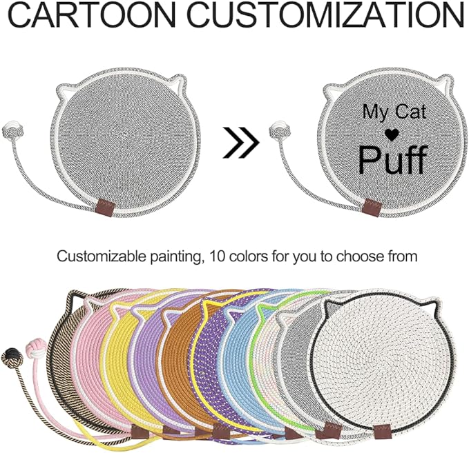 Personalized Cat Scratcher Mat, Customized with Name Text Natural Cotton Rope Round Horizontal Cat Scratching Pads with Ball Toy, Cat Furniture Protector for Wall, Couch, Carpets, Sofa (Black)
