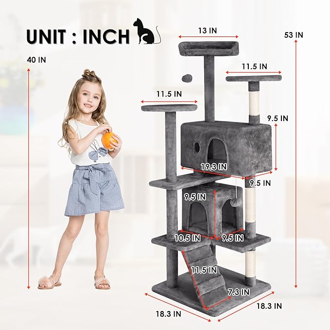 Cat Tree 53 inches Cat Tower for Indoor Cats Cat House with Replaceable and Removable Dangling Ball Cat Trees and Towers with Funny Toys, Light Gray
