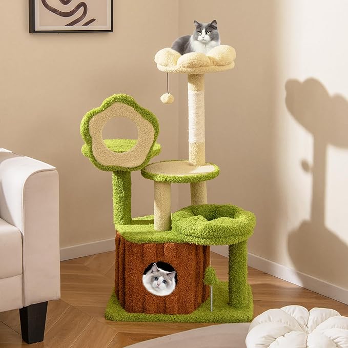 Tangkula Cute Cat Tree Green Forest, 40 Inch Multi-Level Aesthetic Cat Tower with Sisal Scratching Posts, Trunk Condo, Flower Perch, Plush Napping Bed, Pompom, Spring Toy, Platforms for Indoor Cats