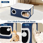 Shikha Cat Beds for Indoor Cats, Extra Wide Cat Cube House for Multi Cats, Foldable Cat Cave Hideaway with Arc-Edge Design & Oval Door, Reversible Cushion for All Seasons, 24"L x 17.7"D x 12.6"H, Blue