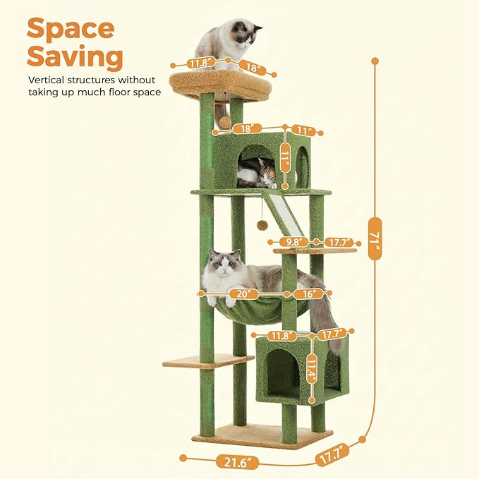 71” Cactus Cat Tree for Large Cats, Extra Stable Tall Cat Tower with Oversized Hammock, 2 Condos, Sisal Scratching Posts, Vertical Multi-Level Cat Tree for Indoor Multi-Cat Homes