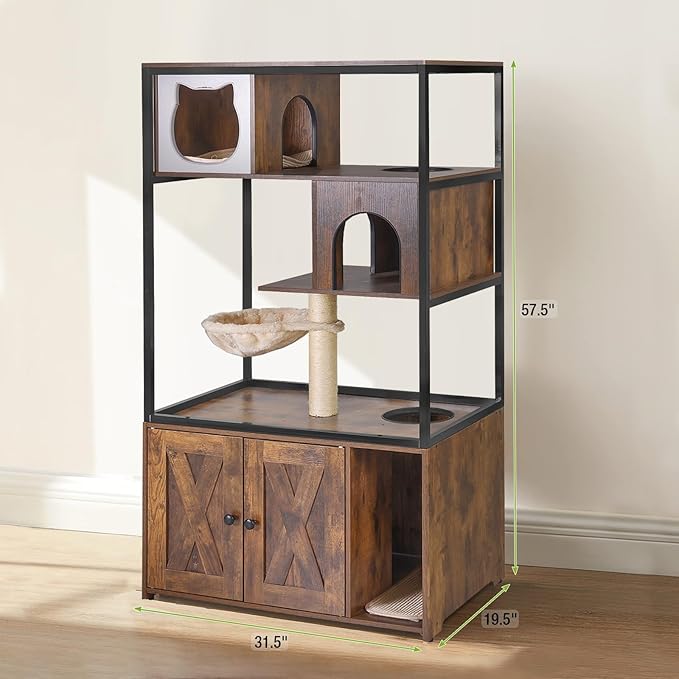 GUTINNEEN Cat Litter Box Enclosure Cat Tree with Hidden Litter Box Furniture with Scratching Post, Hammock, and Mat 57.5 Inch (Brown)