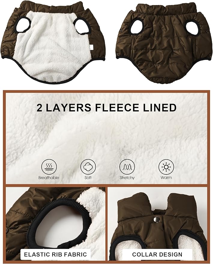 AURUZA Dog Winter Coat, Warm Waterproof Dogs Jacket Small Pet Vest for Medium Dogs Windproof Pet Fleece Vest Snow Jacket for Cold Weather(Brown,S)